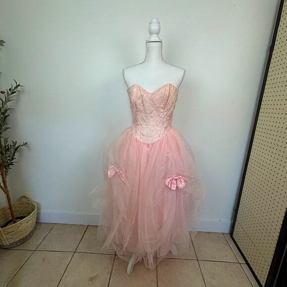 Vintage Gunne Sax x Jessica McClintock Pink Tulle Corset Prom Dress- Juniors 5 - Picture 4 of 11
